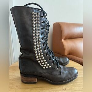 Steve Madden Tropador Combat Boots Studded Biker Leather Lace Zip Up - Sz 8